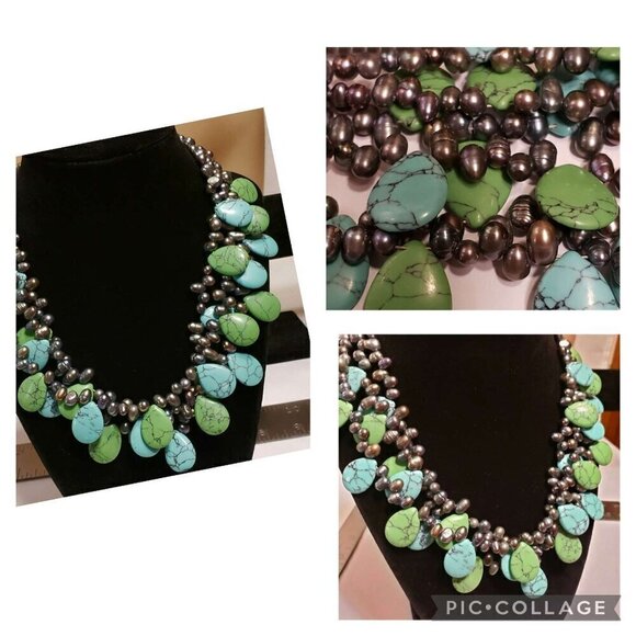 Jewelry - Black Freshwater Pearl with Turquoise & Green Howlite Teardrop 3 Strand Necklace